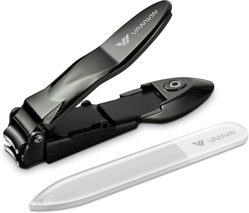 VANWIN Nail Clippers with Catcher, No Splash Fingernail Toenail Clippers with Sharp Curved Blade and Glass Nail File, Wide Jaw Opening Stainless Steel Nail Cutter Trimmer for Seniors Adult Men Women - Image 1